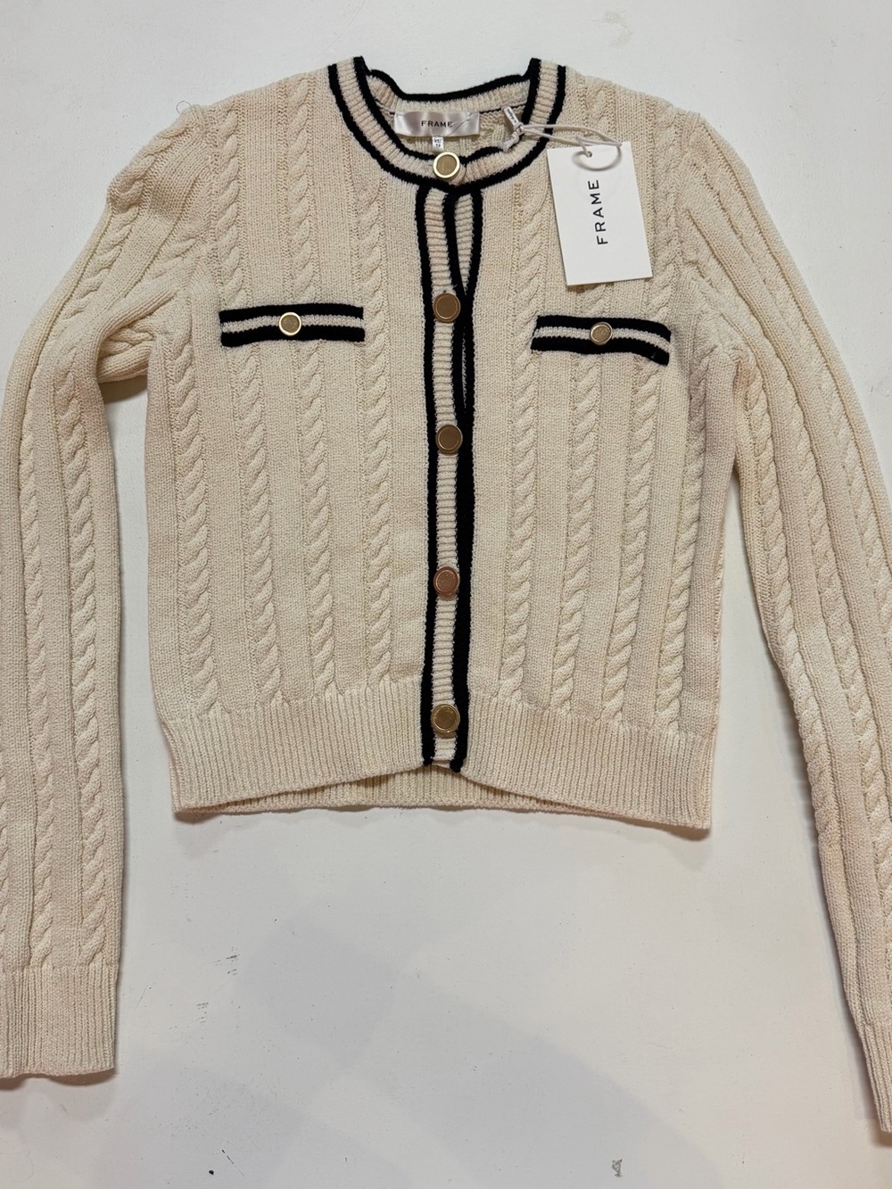 Frame Denim Cream Cable Knit Cardigan with Black Trim and Gold Buttons